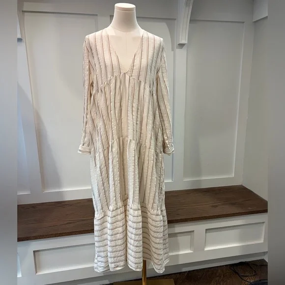 ZARA Striped White & Brown Tiered V Neck Midi Dress Linen Blend Size Medium - Picture 2 of 5